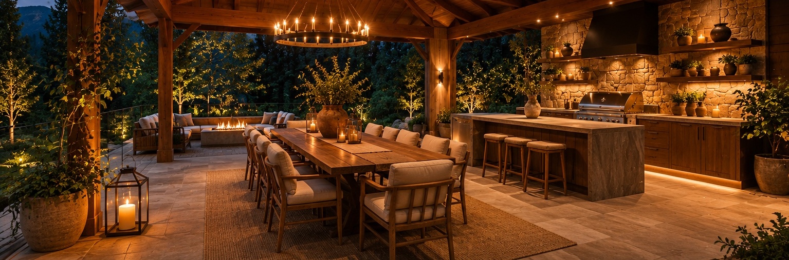 @One — Covered outdoor dining pavilion at night