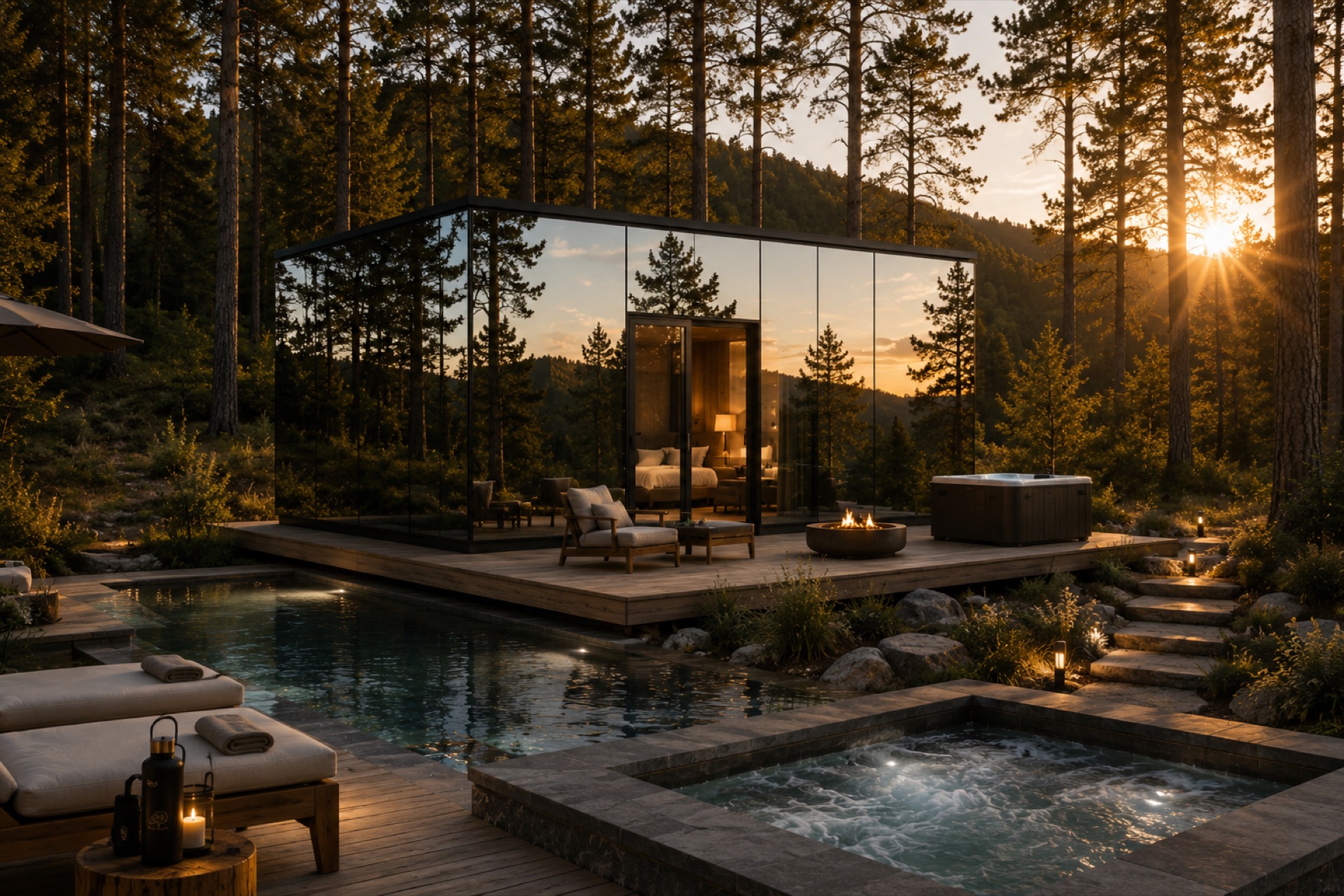 @One Signature Property — Glass cabin with pool, fire pit, and hot tub at dusk