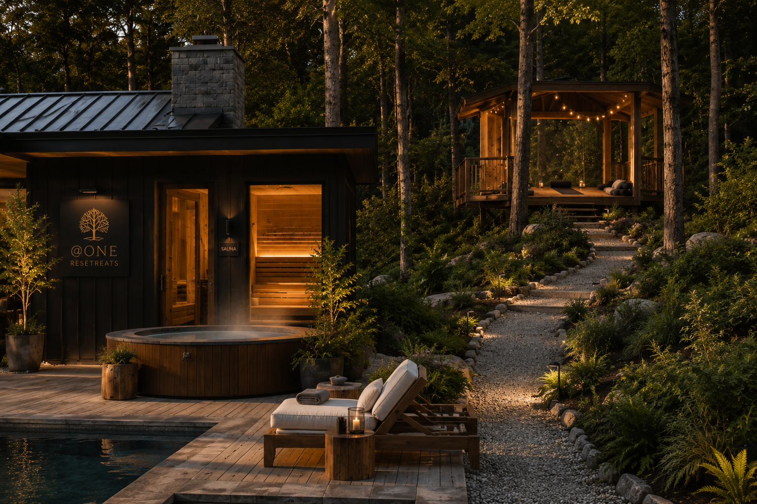 @One Wellness Circuit — Sauna, hot tub, fire pit, and meditation pavilion at night